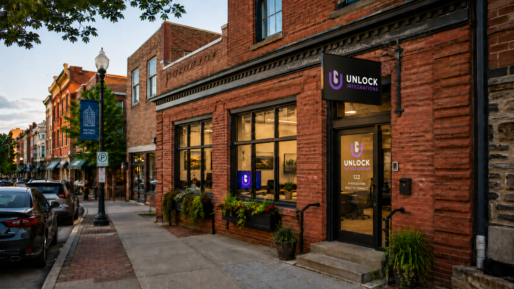 UnlockIntegrations storefront on a historic downtown street